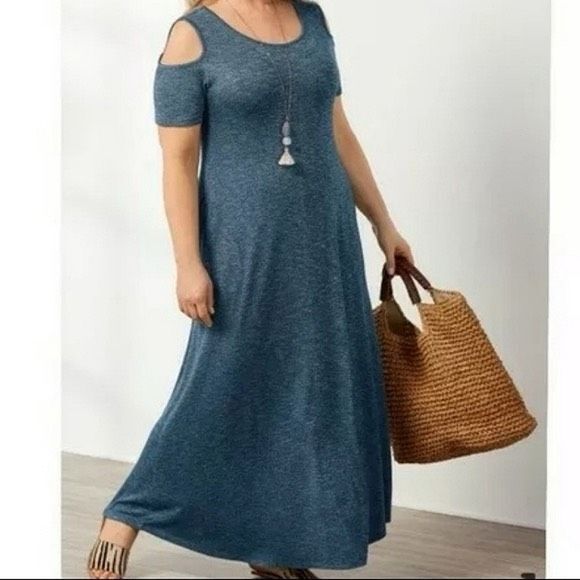 ✨Soft Surroundings Electra Cold Shoulder Blue Maxi Sz Large Dress✨ - Picture 2 of 9
